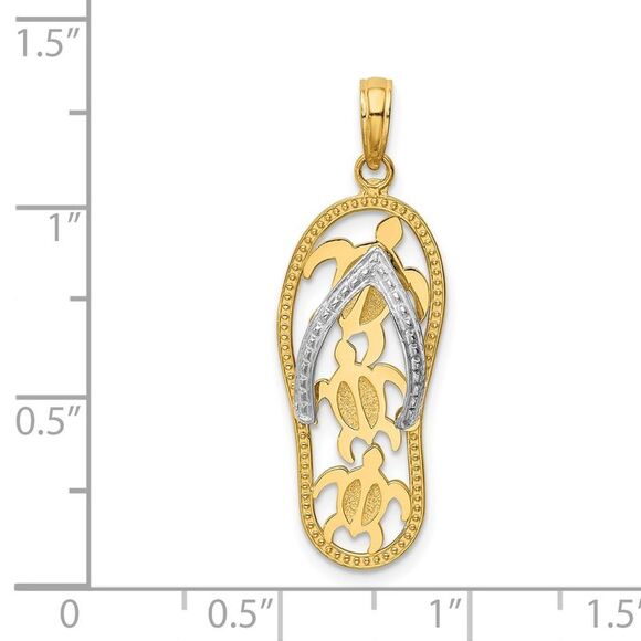 14k Two Tone Gold Large Sea Turtle Flip Flop Pendant - Picture 4 of 5